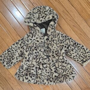 Kids Leopard Print Faux Fur Hooded Coat - Beige